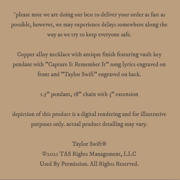 Brand New Taylor Swift Capture it, Remember it vault key necklace - Picture 3 of 3